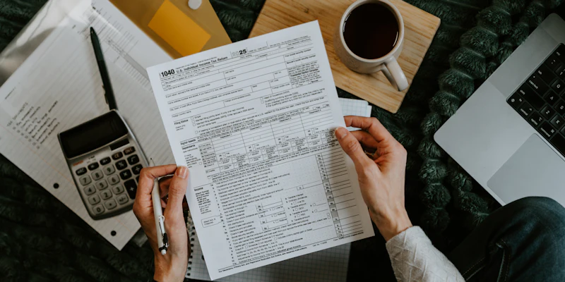 Tax forms with calculator and laptop for EIN application